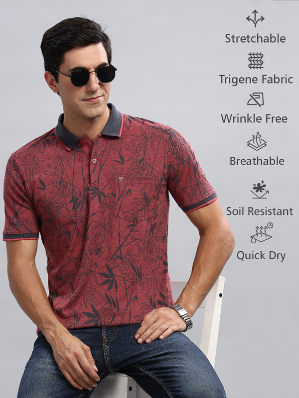 WEXFORD Trendy Maroon Printed Cotton Blend Regular Fit Half Sleeve Polo Tshirt For Men.