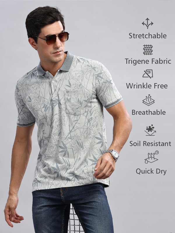 Grey Printed Regular Fit Polo Tees