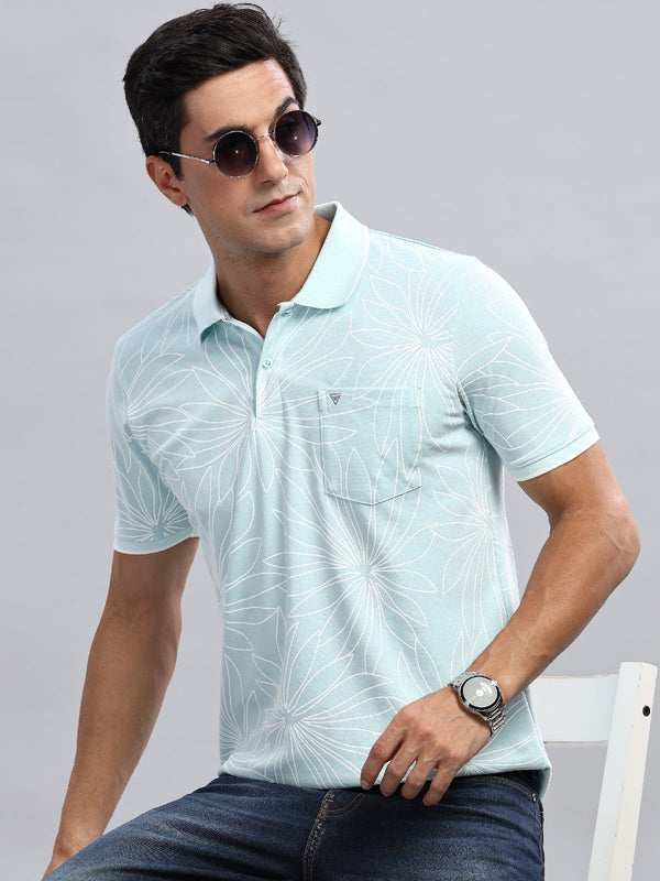 Blue Printed Regular Fit Polo Tees