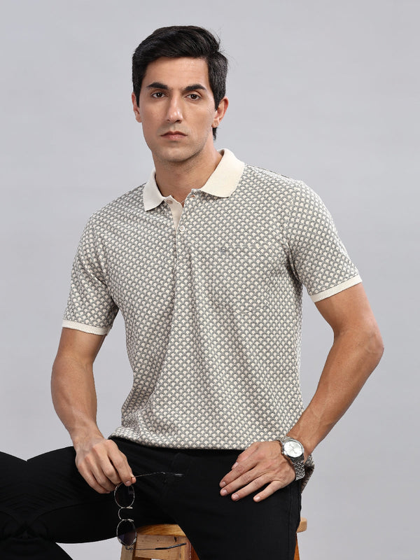 Beige Geometric Printed Regular Fit Polo Tees