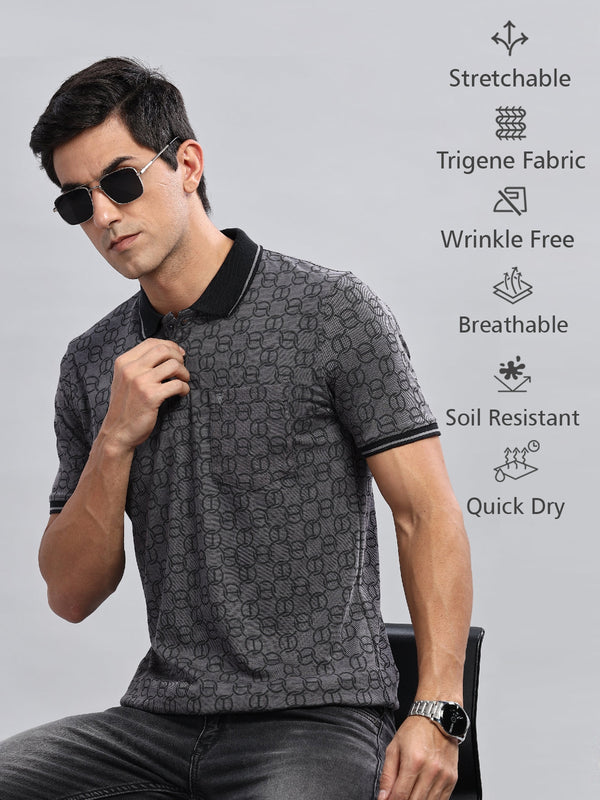 WEXFORD Trendy Black Geometric All Over Printed Cotton Blend Regular Fit Half Sleeve Polo Tshirt For Men.