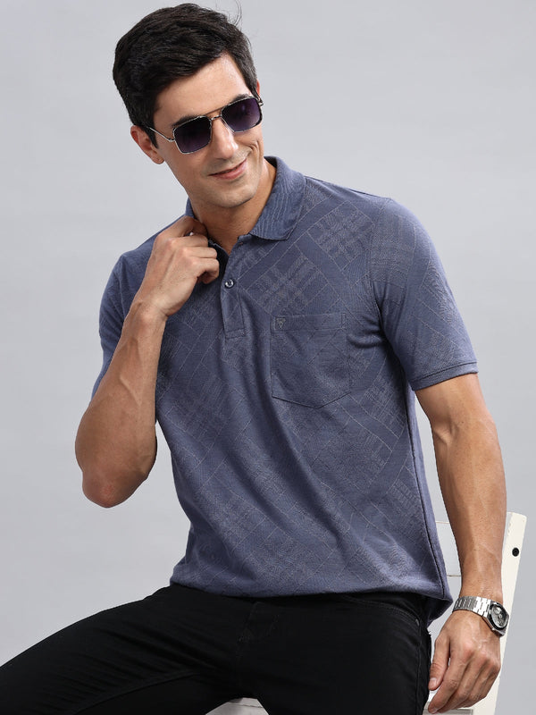Navy Blue Textured Printed Regular Fit Polo Tees