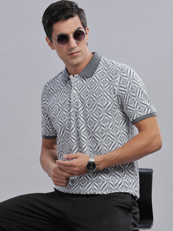 Grey Geometric Printed Regular Fit Polo Tees
