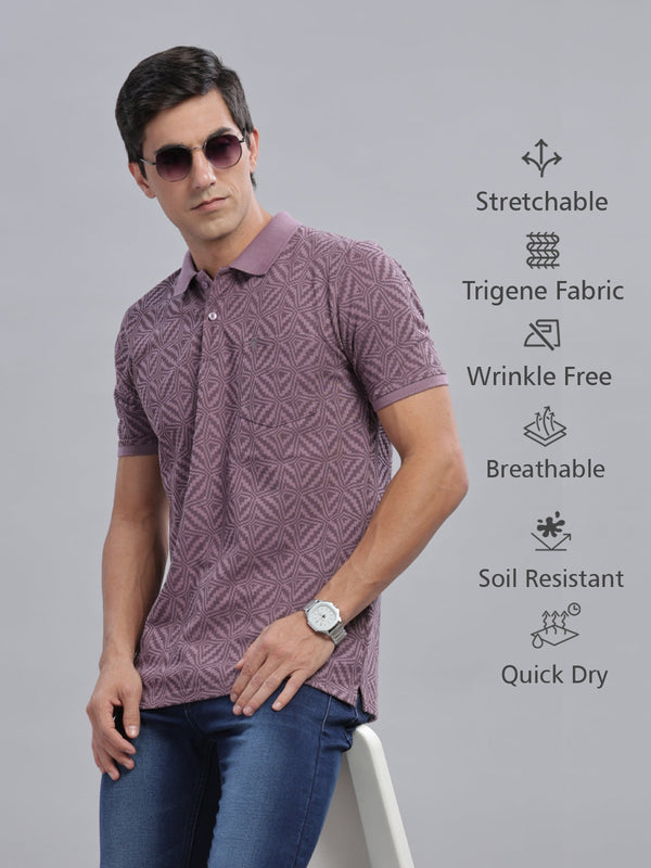 WEXFORD Trendy Purple Geometric All Over Printed Cotton Blend Regular Fit Half Sleeve Polo Tshirt For Men.